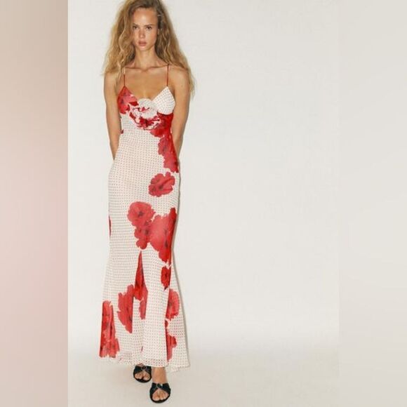 NWT Zara FLORAL PRINT LONG DRESS Polka Dot White And Red Flower - Picture 8 of 16